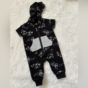 Black Origami Dinosaur Print Baby Hooded Romper
